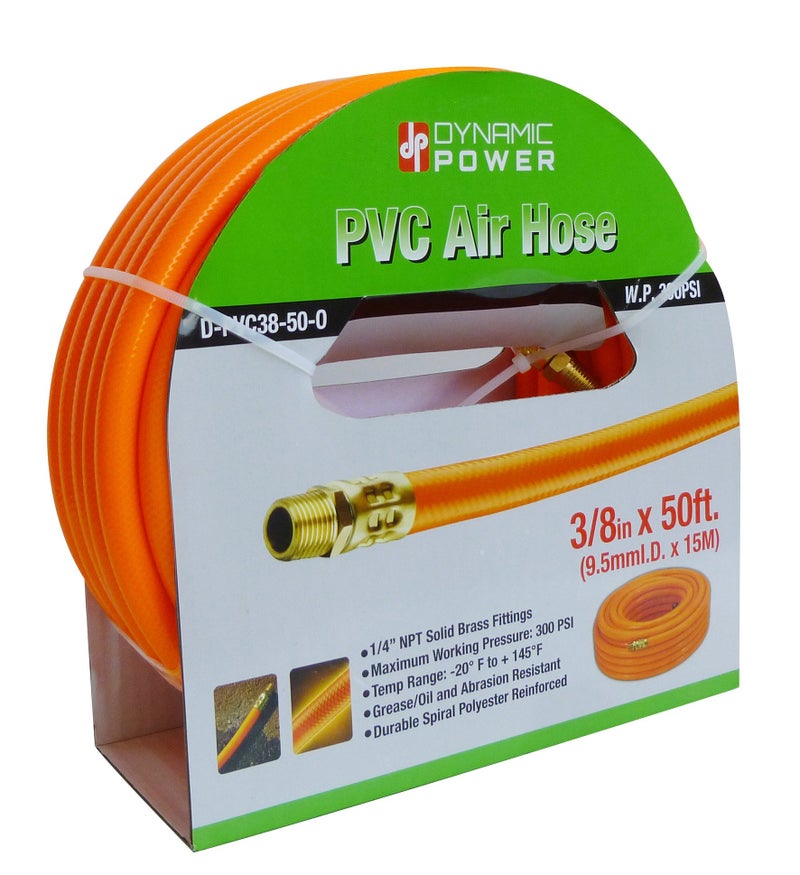 DYNAMIC POWER 3/8-Inch x 50ft Heavy-Duty Air Hose, Reinforced PVC Hose with Brass Fittings (300 PSI)â€¦ - Image 1